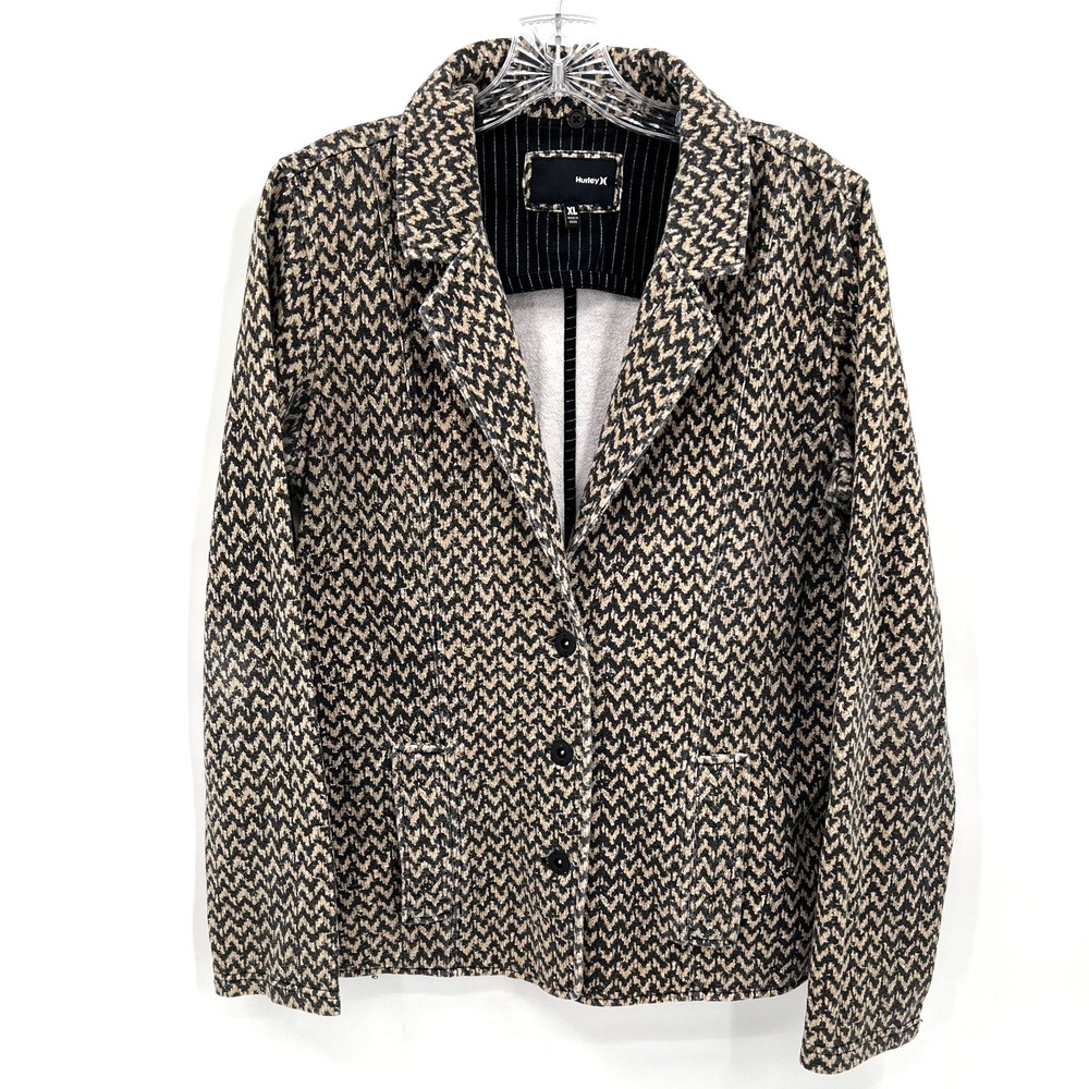 HURLEY Women's Sz XL Beige/Gray Chevron Print 3-Button Knit Blazer with Pockets